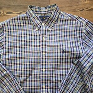 Ralph Lauren Shirt‎ Men's L/S Slim Fit Plaid Collared Polo Green Orange Blue XL
